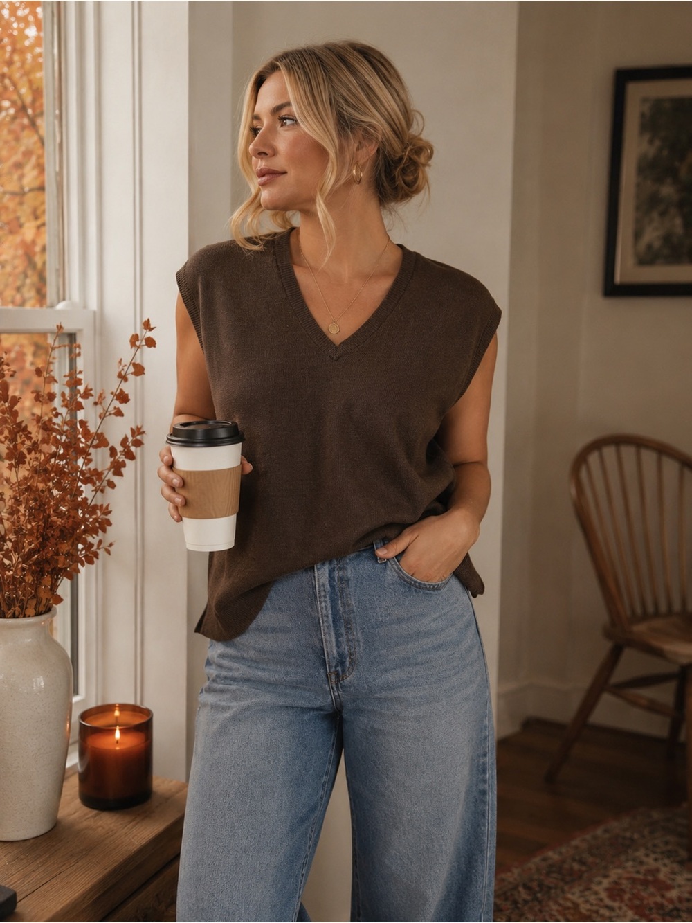 Sleeveless V-Neck Knit Top - Brown